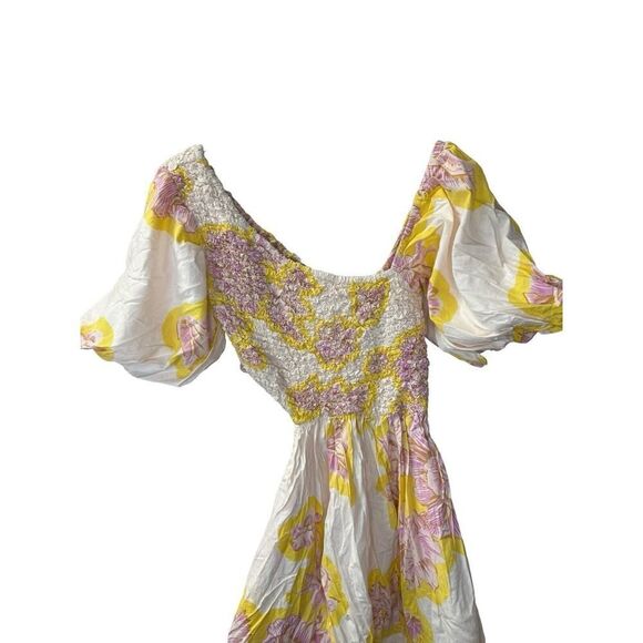 Free People Kalimantan Printed Midi Dress Bold Floral Ruched Blush Yellow Medium - Picture 3 of 14